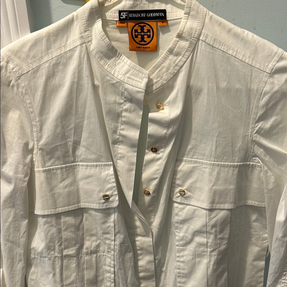 Tory Burch Cream Button-Up Blouse with Gold Accents